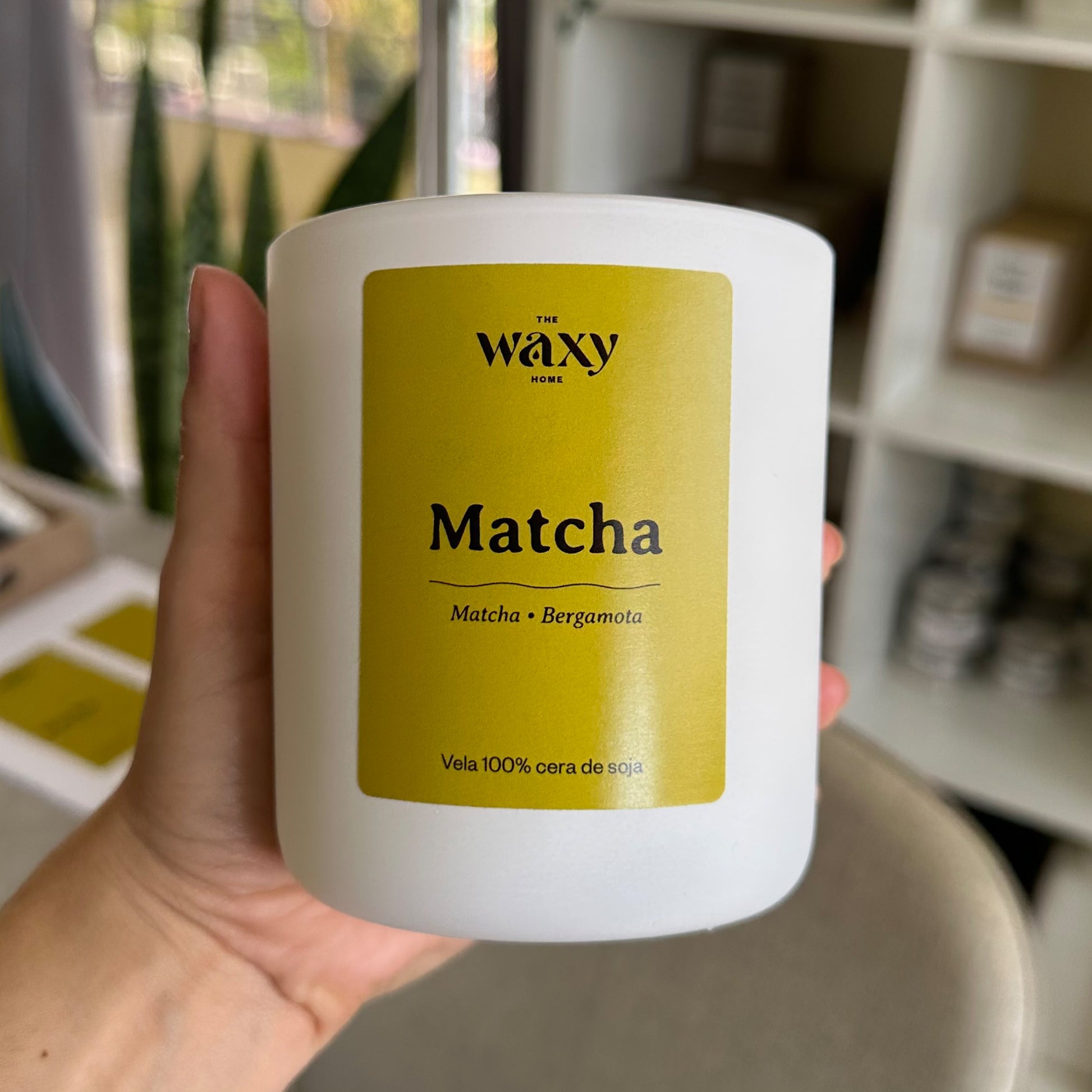 Vela de soja Matcha Té en envase de cristal blanco mate