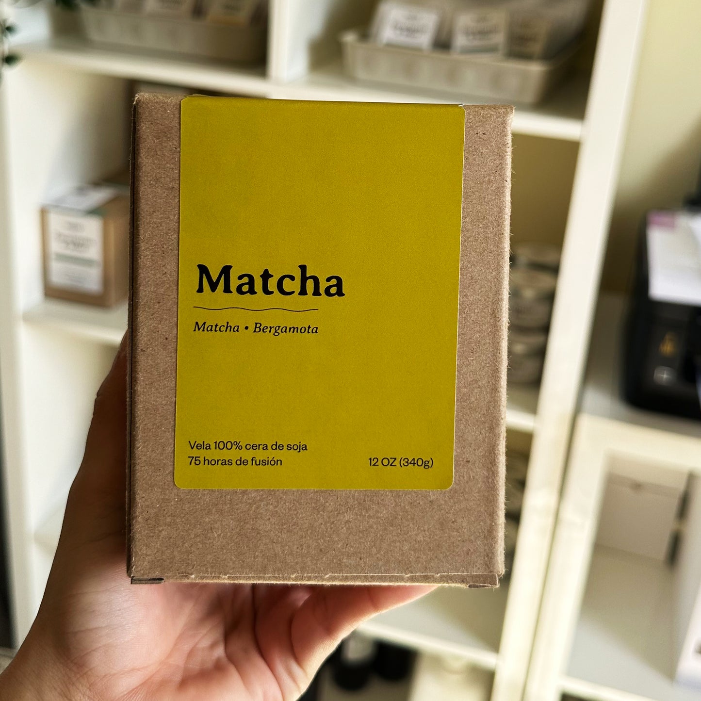 Vela de soja Matcha Té en envase de cristal blanco mate