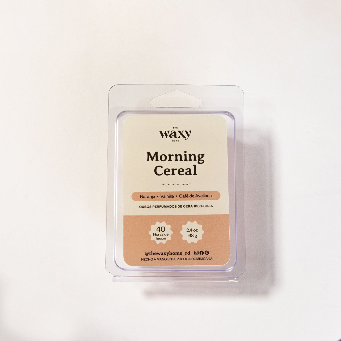 Wax melts, cubos perfumados con fragancia de Naranja, Vainilla y Café de Avellana en envase de plástico PET reciclable.