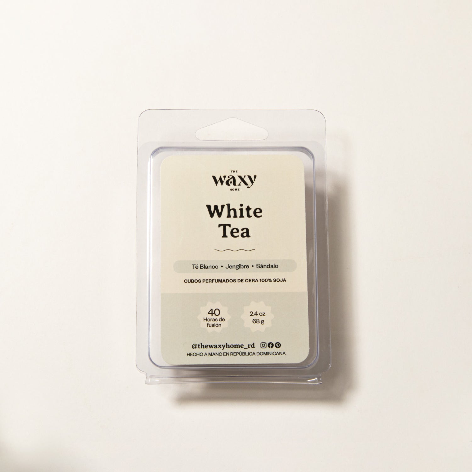 Wax melts, cubos perfumados con fragancia de Té Blanco, Jengibre y Sándalo en envase de plástico PET reciclable.